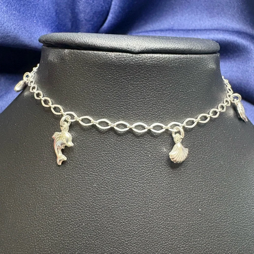 ANKLE Bracelet*925 Sterling Silver Shell and Dolphin Charm Link Chain